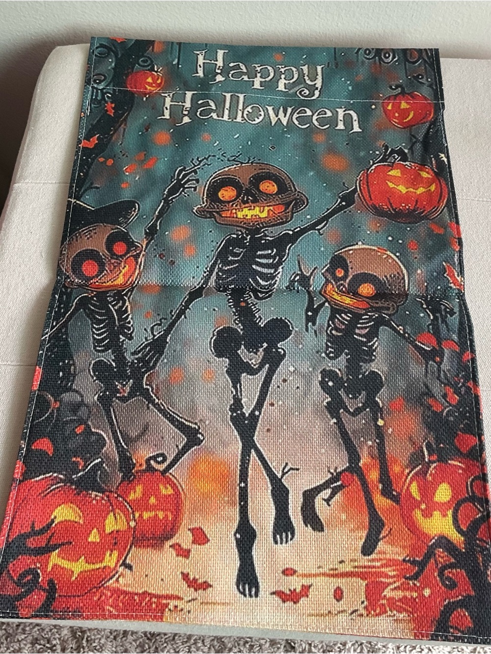 Happy Halloween Dancing Skeletons Garden Flag - Black & Orange
